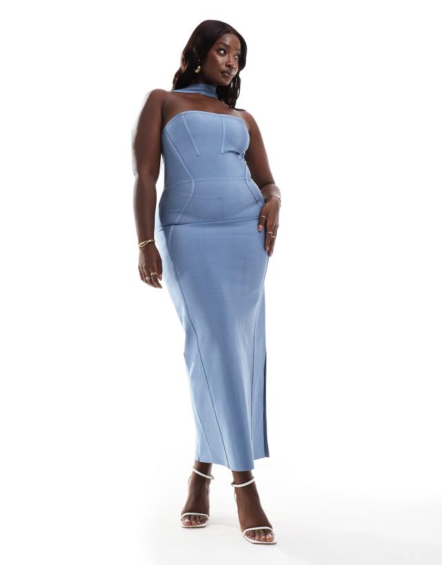 ASOS Curve - ASOS DESIGN Curve bandage bandeau midi dress with halter detail in steel blue