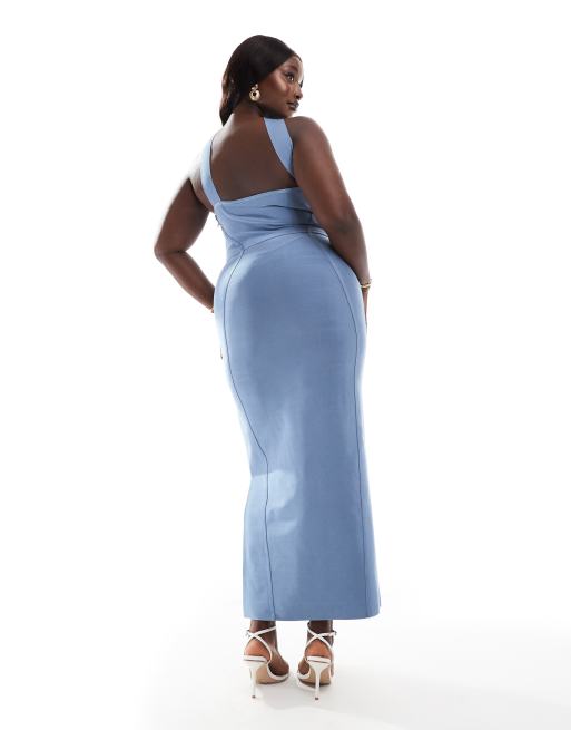 ASOS DESIGN Curve bandage bandeau midi dress with halter detail in steel blue ASOS