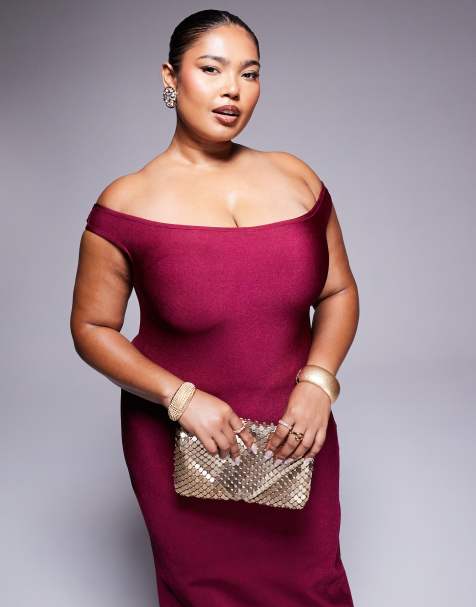 ASOS DESIGN Curve bandage bardot midi dress in berry - view 1
