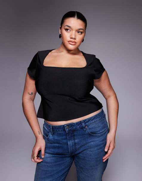 ASOS DESIGN Curve bandage cap sleeve square neck top in black - view 1