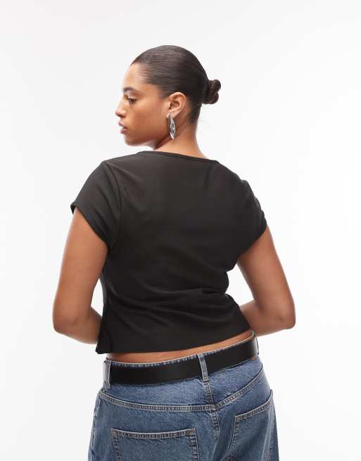 ASOS DESIGN Curve bandage cap sleeve square neck top in black, 4 of 4