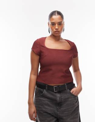 ASOS Curve ASOS DESIGN Curve bandage cap sleeve square neck top in burgundy-Red