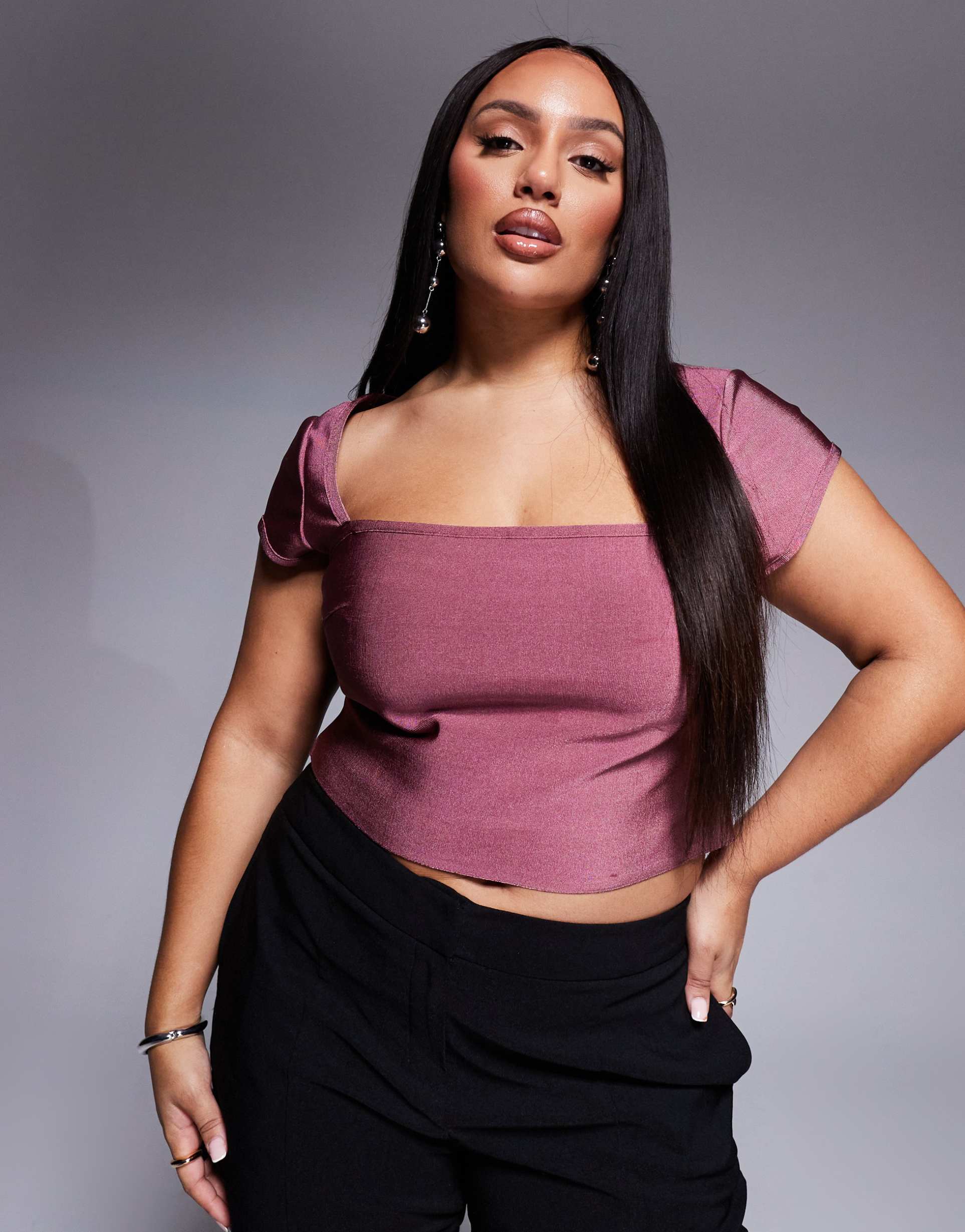 asos design curve bandage cap sleeve square neck top in mauve