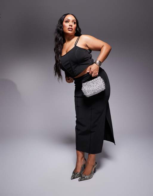 ASOS DESIGN Curve bandage corset cami top and midi skirt set in black