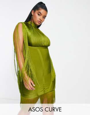 ASOS DESIGN Curve bandage fringe mini dress in green