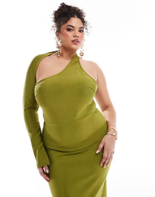 ASOS DESIGN Curve bandage wrap around neckline one sleeve midi dress in  green