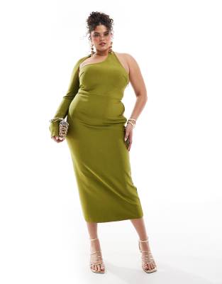 ASOS DESIGN Curve bandage wraparound neckline one sleeve midi dress in green