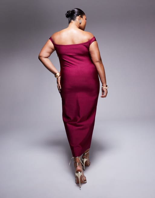 ASOS DESIGN Curve – Bandagen-Midikleid in Beerenrot mit Carmen-Ausschnitt, 4 von 4