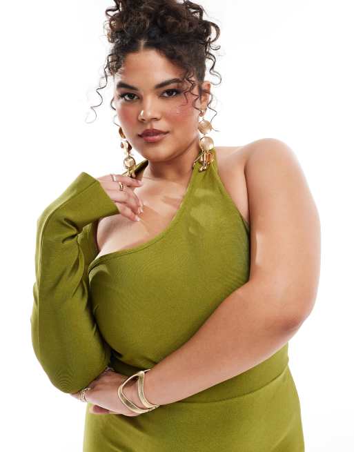ASOS DESIGN Curve – Bandagen-Midikleid in Grün mit einem Ärmel und Wickel-Ausschnitt, 4 von 4