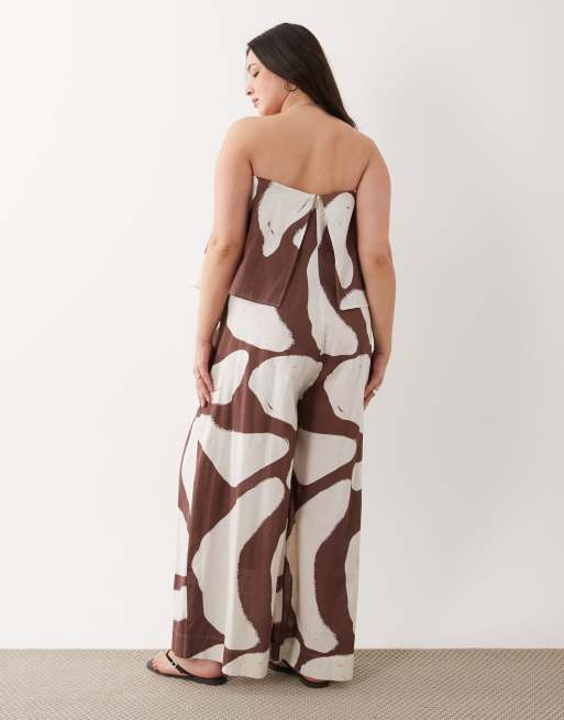 ASOS DESIGN Curve bandeau double layer jumpsuit in brown print, 4 of 4