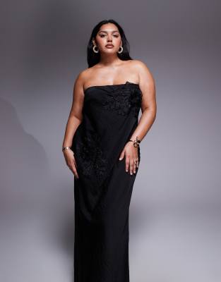Asos Curve Asos Design Curve Bandeau Flower Applique Midaxi Dress In Black