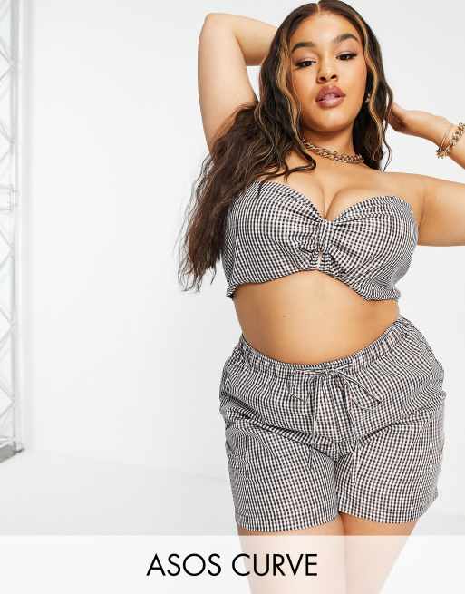 ASOS DESIGN Curve - Bandeau i brun gingham - Del af sæt