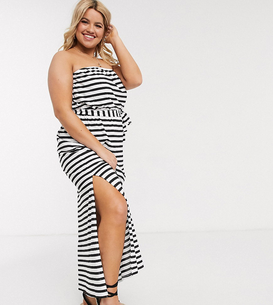 ASOS DESIGN Curve bandeau maxi dress with belt in black and white stripe-Multi