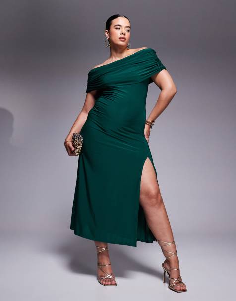 ASOS DESIGN Curve bandeau maxi dress with split in bottle green - view 1