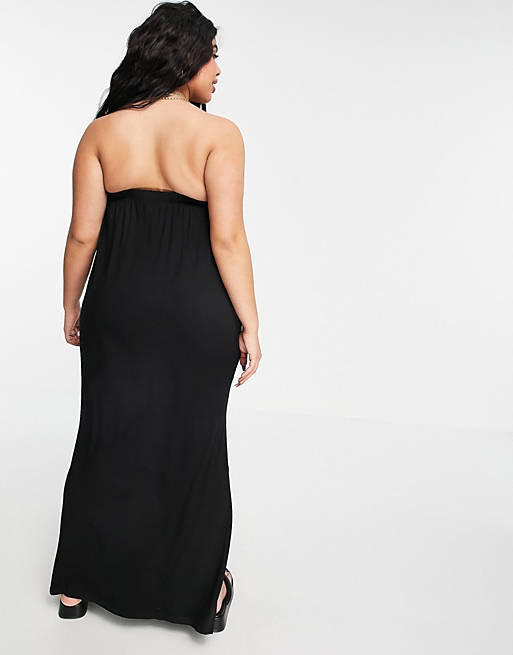 Women Curve bandeau maxi sundress with pockets in black 