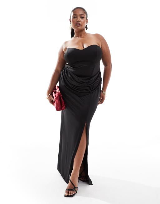 ASOS DESIGN Curve bandeau maxi with molded hip details and contrast draped skirt in black