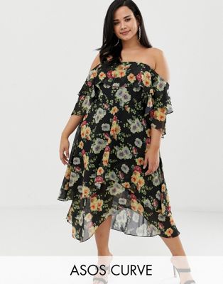 ASOS DESIGN Curve - Bandeau midi-jurk in gelaagde bloemenprint-Multi