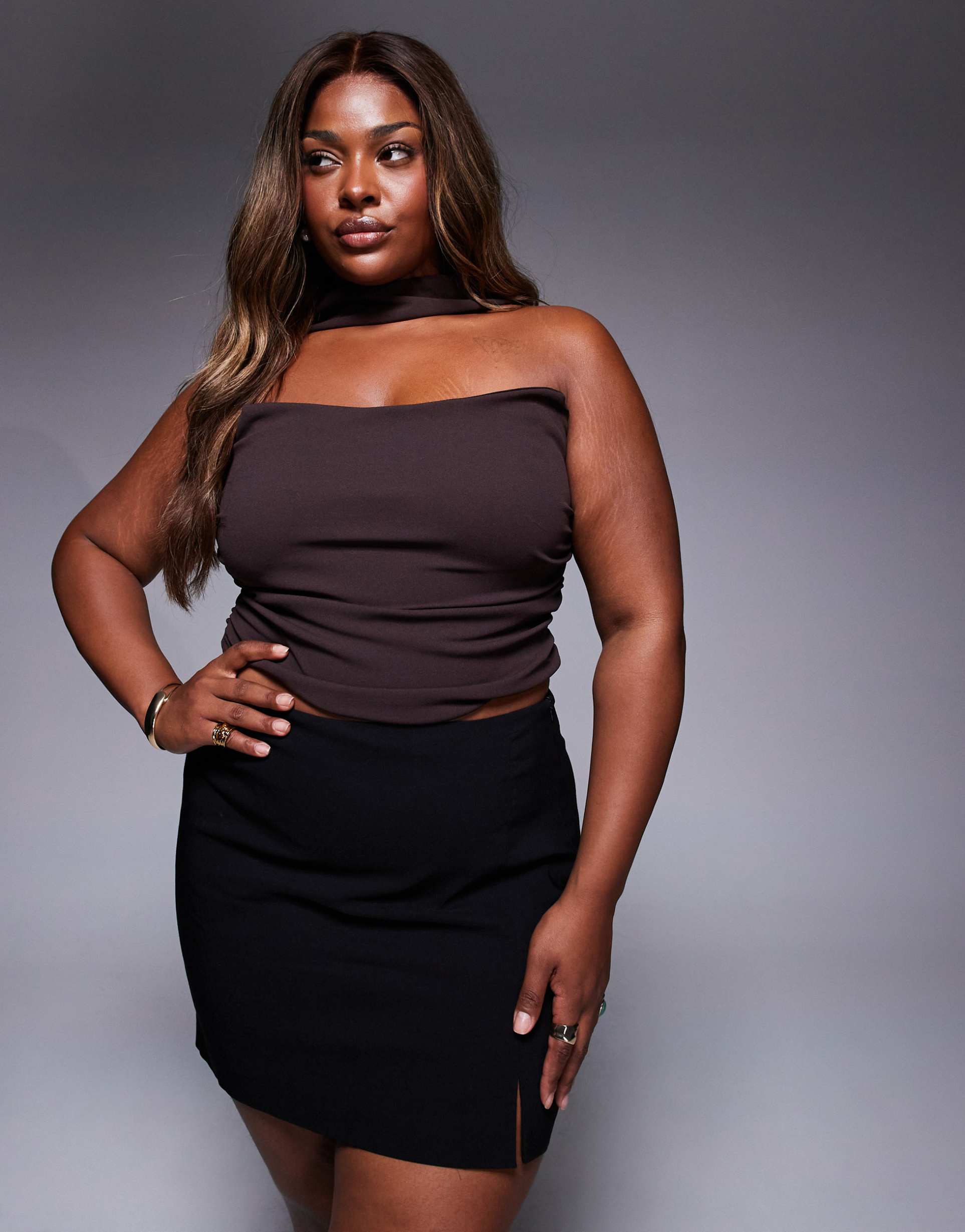 asos design curve bandeau top with scarf neck detail in chocolate