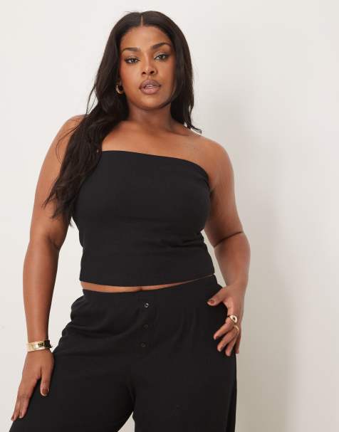 ASOS DESIGN Curve - Bandeautop van wafelstof met lange pasvorm in zwart - view 1