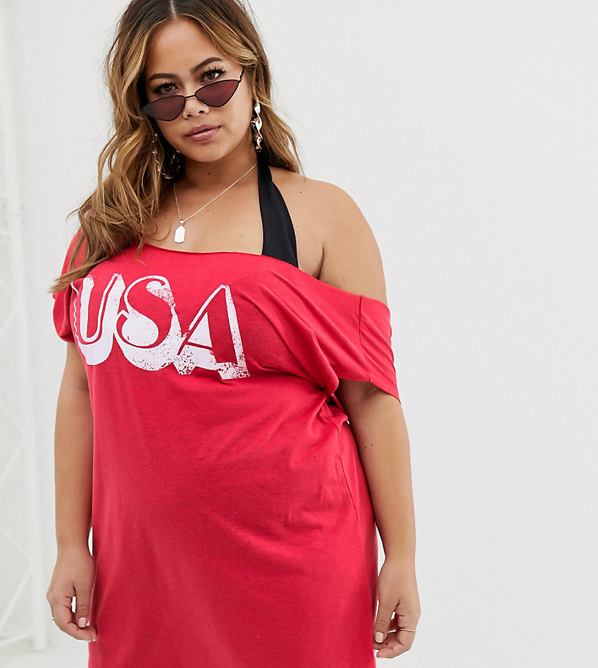 ASOS DESIGN Curve – Baraxlad t-shirt med USA-tryck för stranden-Röd