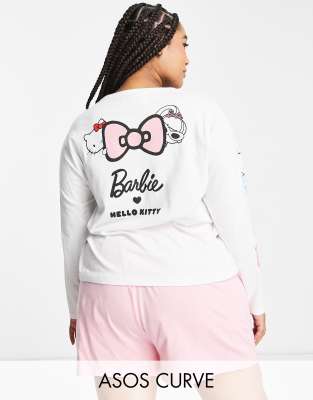 Asos Design Curve Barbie X Hello Kitty Long Sleeve Tee & Short Pyjama Set In White & Pink-Multi