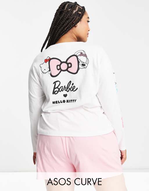 ASOS DESIGN Curve - Barbie x Hello Kitty - Pyjamaset met T-shirt met lange mouwen en short in wit en roze