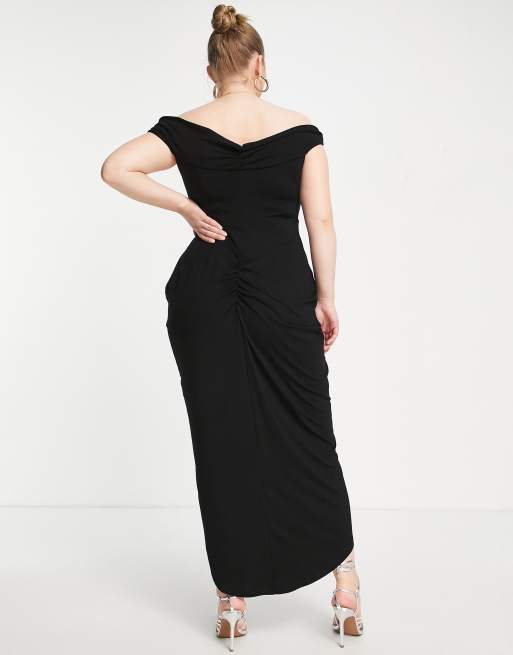 black corset detail bardot bridesmaid dress Eva | Black & White Bardot Bow Detail Maxi Dress With Thigh Split main image 0
