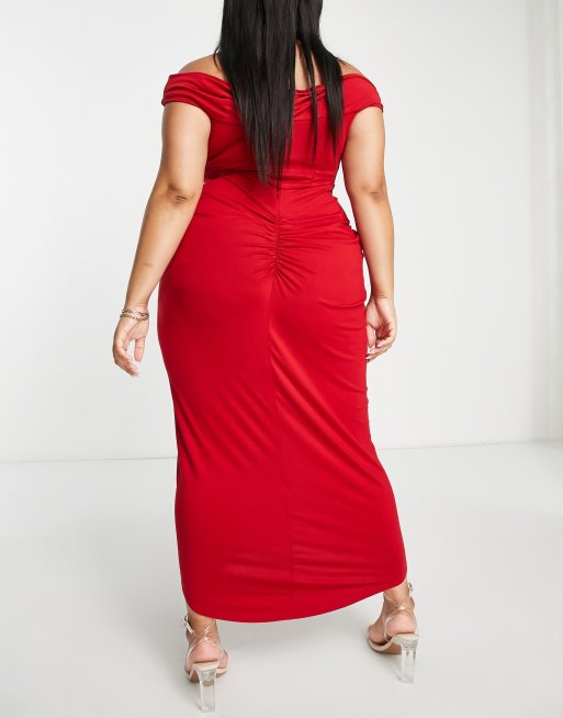 Shape red slinky outlet ruched detail bardot dress