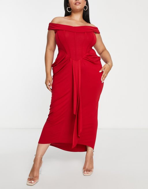 ASOS DESIGN Curve bardot corset detail ruched midi dress in red