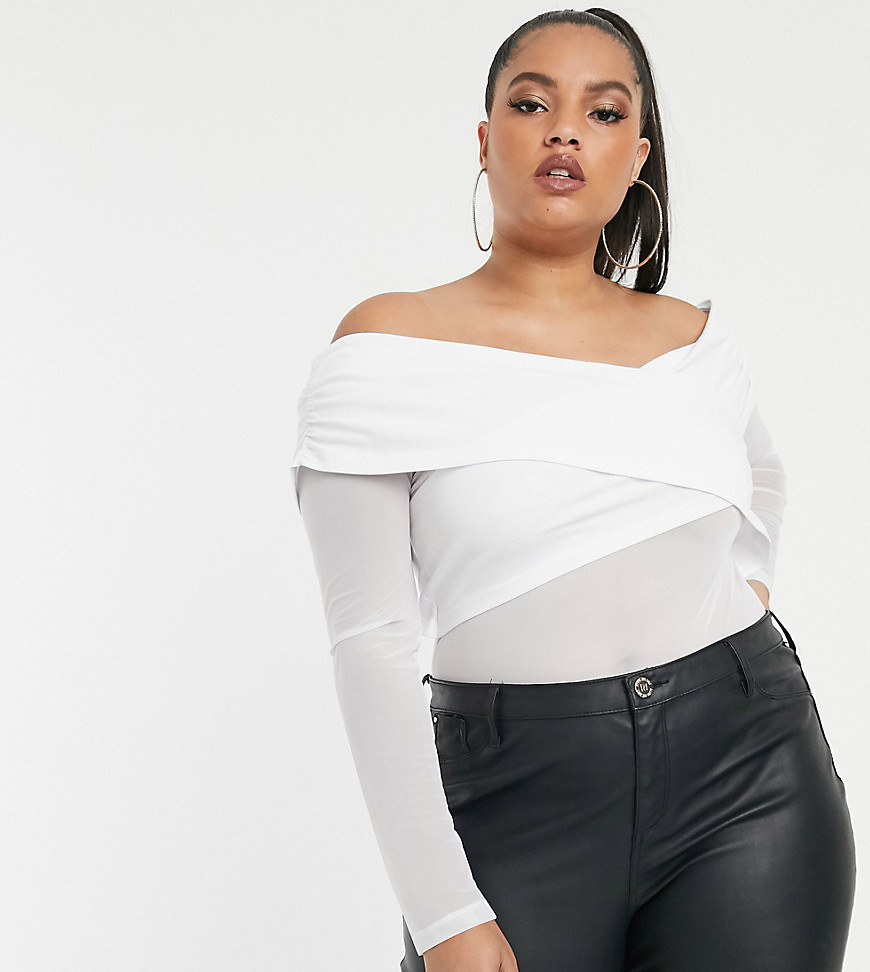 ASOS DESIGN Curve bardot cross over body with mesh sleeve in white