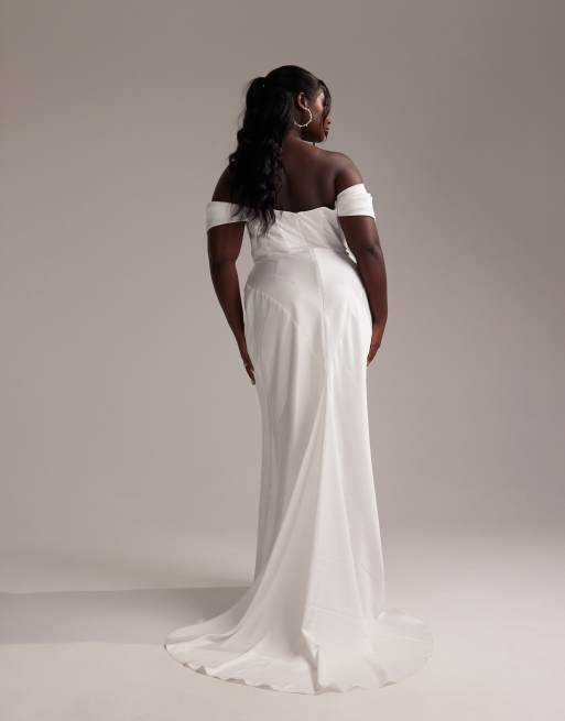ASOS DESIGN Curve bardot draped satin maxi wedding dress in white