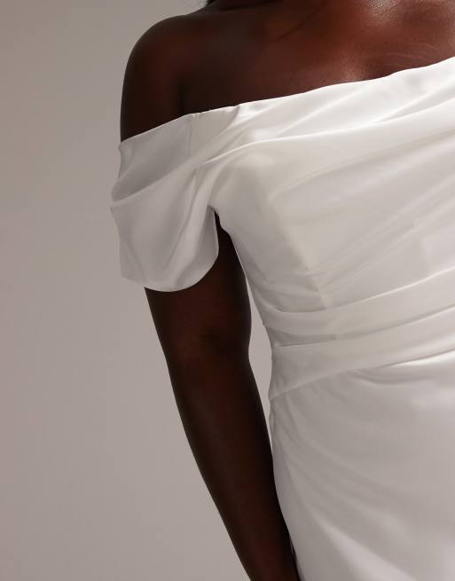 ASOS DESIGN Curve bardot draped satin maxi wedding dress in white