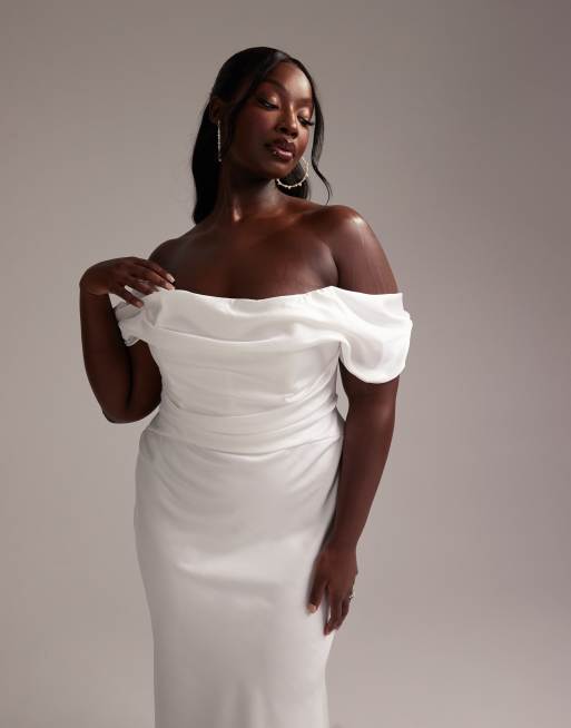 ASOS DESIGN Curve bardot draped satin maxi wedding dress in white | ASOS