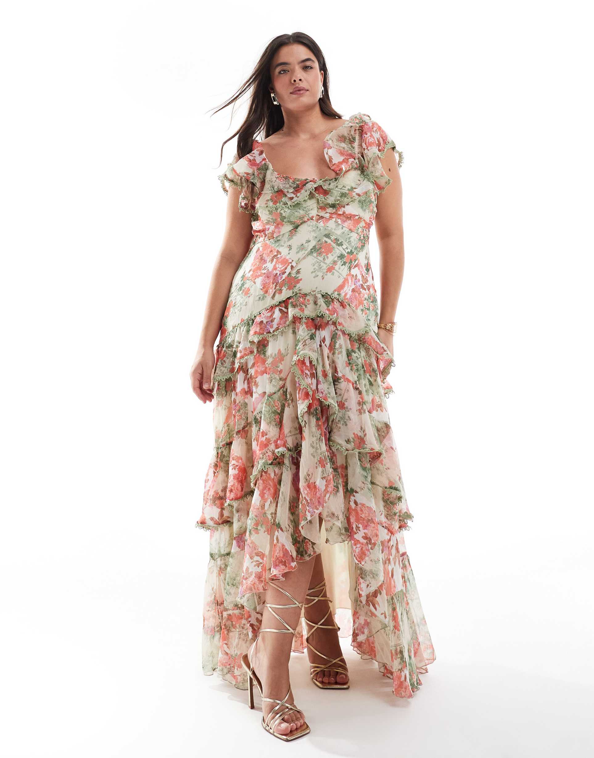 asos design curve bardot maxi dress with tiered skirt and lace trim in floral print