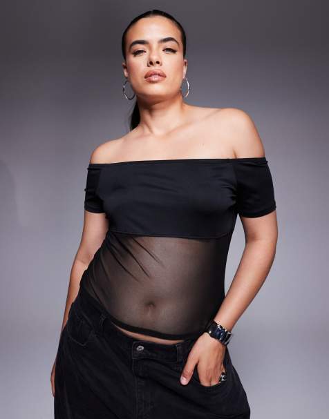 ASOS DESIGN Curve bardot mesh mix panel top in black - view 1