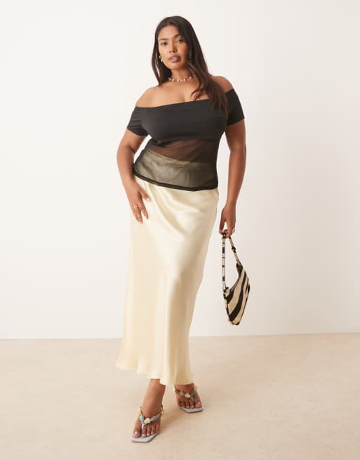 ASOS DESIGN Curve bardot mesh mix panel top in black, 2 of 4