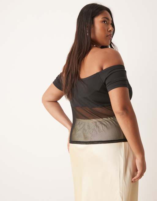 ASOS DESIGN Curve bardot mesh mix panel top in black, 3 of 4