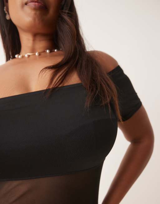 ASOS DESIGN Curve bardot mesh mix panel top in black, 4 of 4
