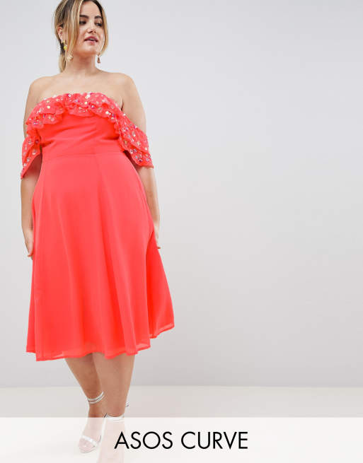 ASOS DESIGN Curve bardot midi dress with embellished frill top