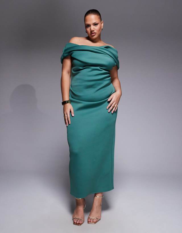 ASOS DESIGN Curve bardot midi dress with split in teal scuba-style fabric
