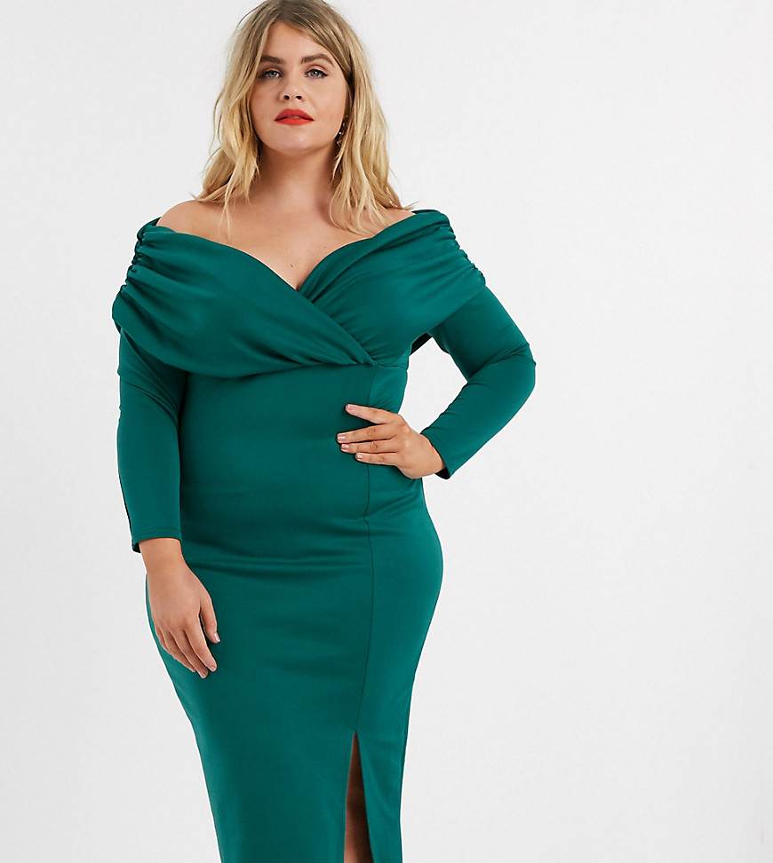 ASOS DESIGN Curve - Bardot midi-jurk van scubastof met gerimpelde zijkant en lange mouwen in groen