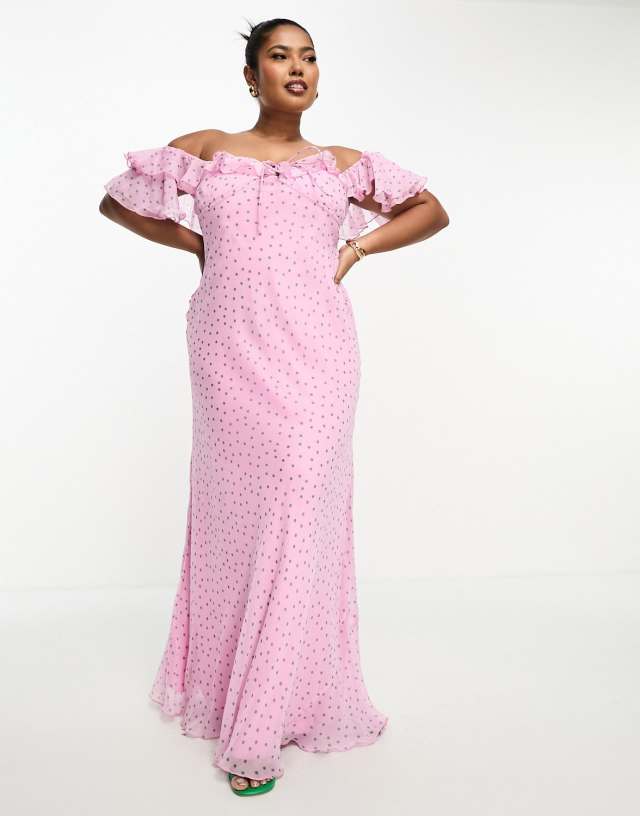 ASOS Curve - ASOS DESIGN Curve bardot milkmaid maxi dress in pink spot print