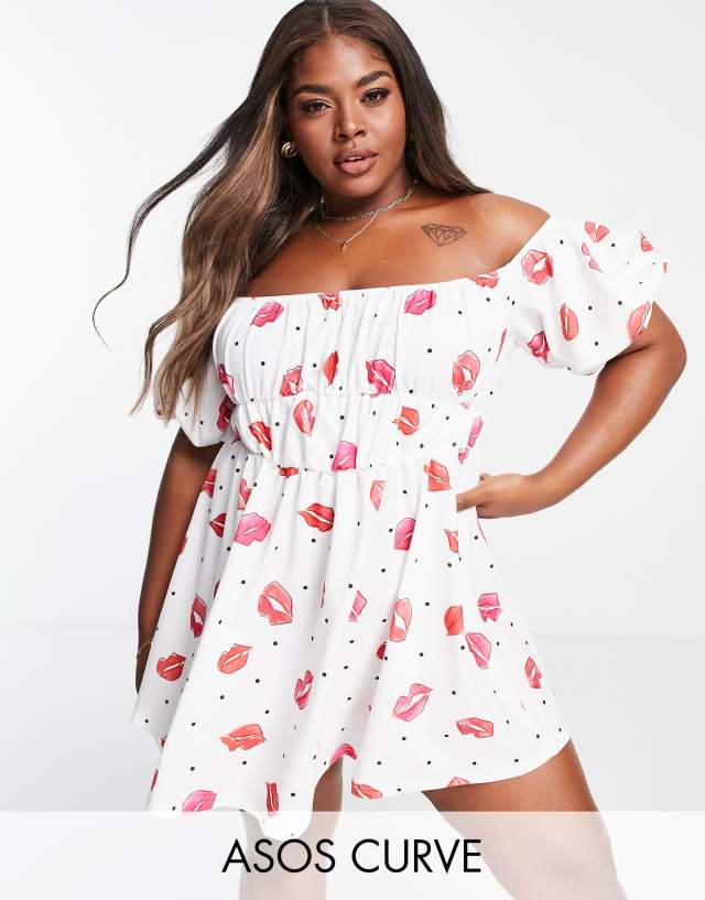 ASOS DESIGN Curve bardot mini dress in white with lips print