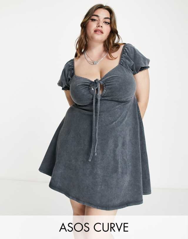 ASOS DESIGN Curve bardot mini tea dress with tie in charcoal acid wash