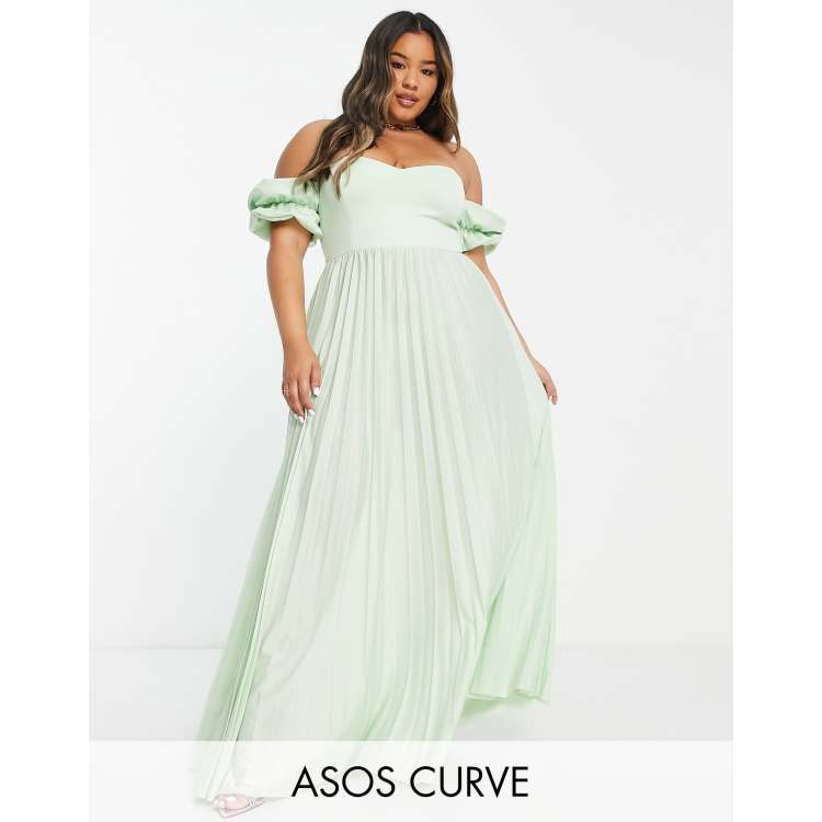 ASOS DESIGN Curve bardot pleated maxi dress in sage - LGREEN