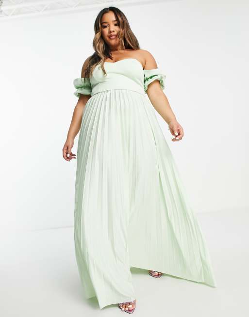 ASOS DESIGN Curve bardot pleated maxi dress in sage - LGREEN