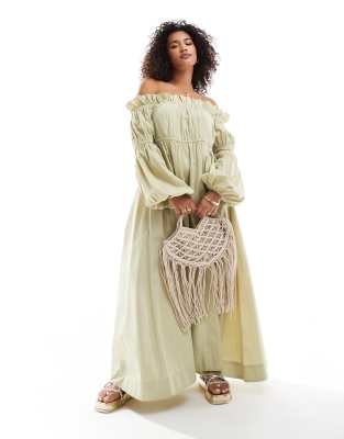 ASOS Curve ASOS DESIGN Curve bardot poplin midi smock dress with ruching detail in olive-Green