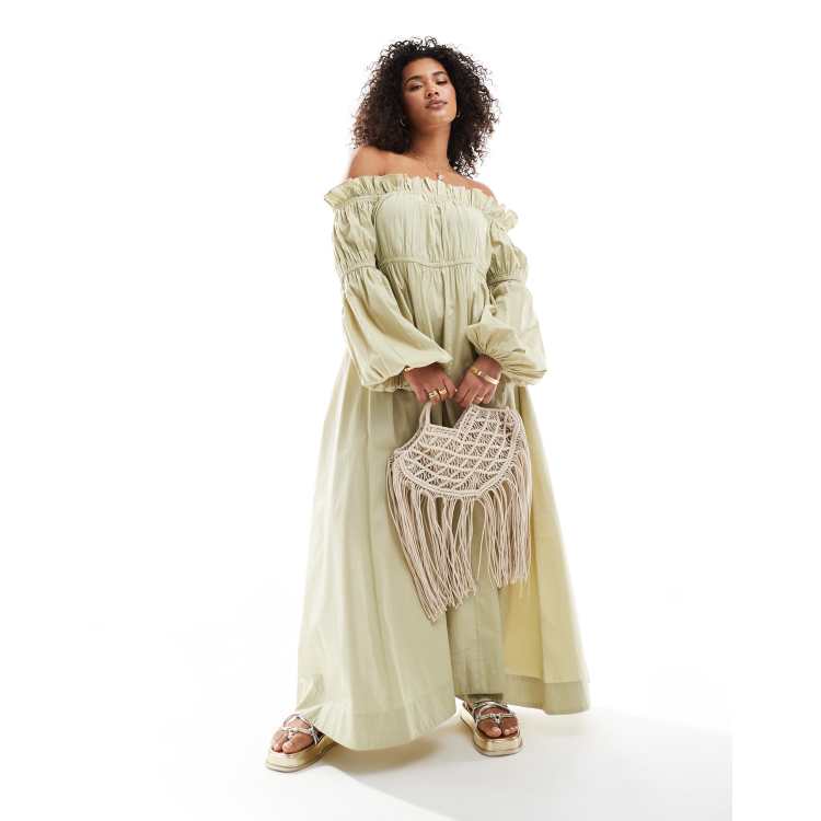 flowy smock dress ASOS DESIGN Curve bardot poplin midi with ruching detail in olive smocking dress for adults