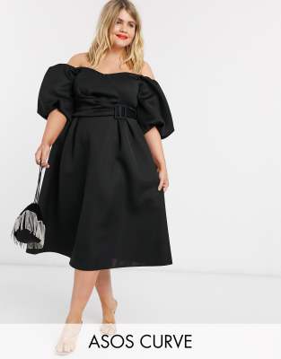 ASOS DESIGN Curve bardot puff sleeve midi prom dress with belt detail ASOS Curve