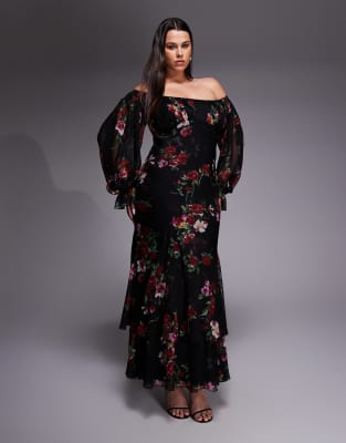 ASOS DESIGN Curve bardot ruffle maxi dress with tiered godets and blouson sleeves in floral print